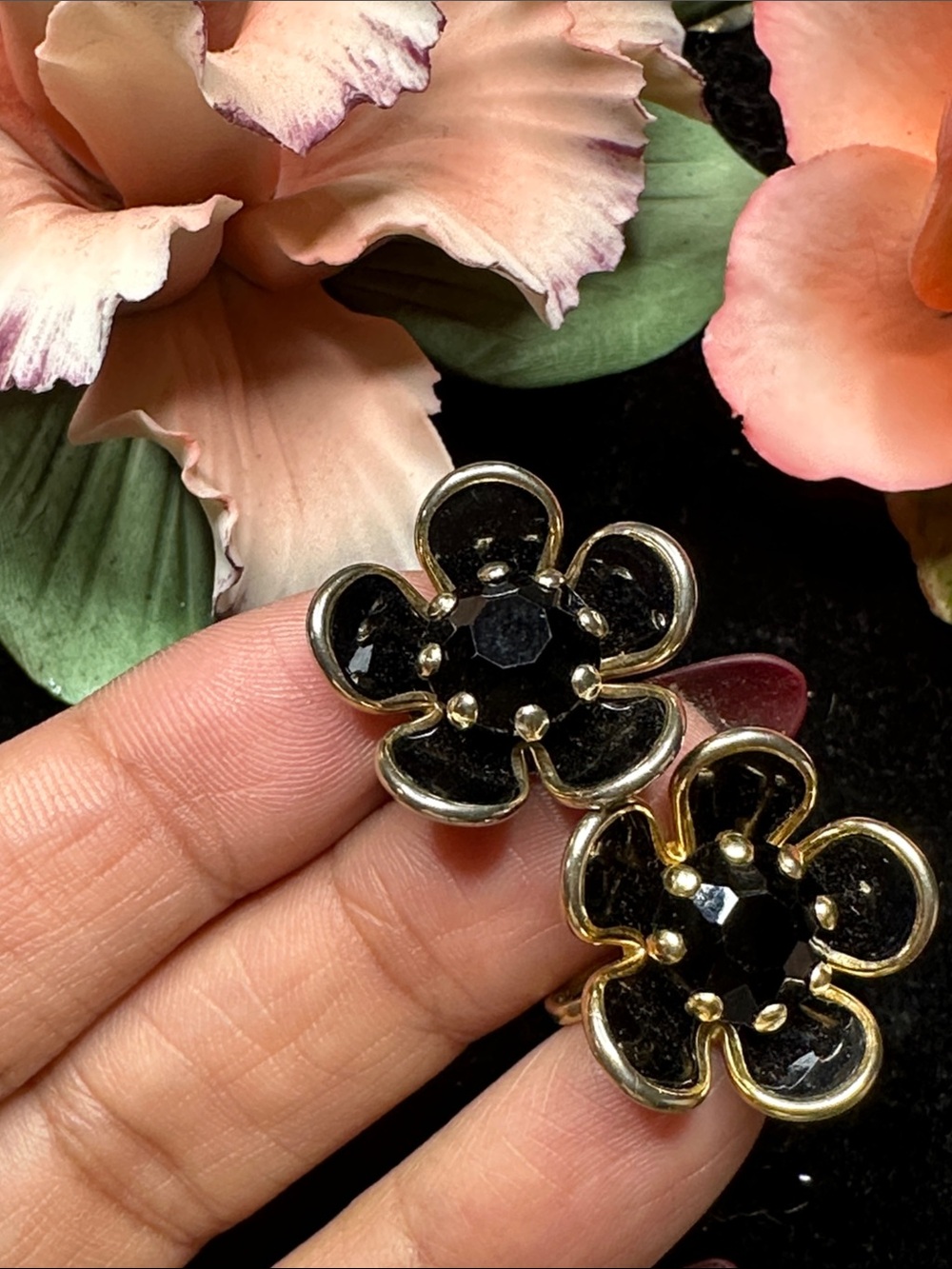 Black Floral Statement screw back Earrings - Gold Trim
